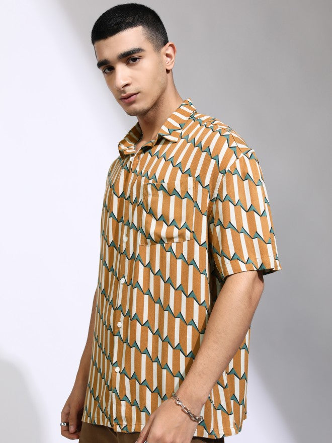Highlander Men Mustard Printed Oversized Fit Casual Shirt - Mustard - Image 4