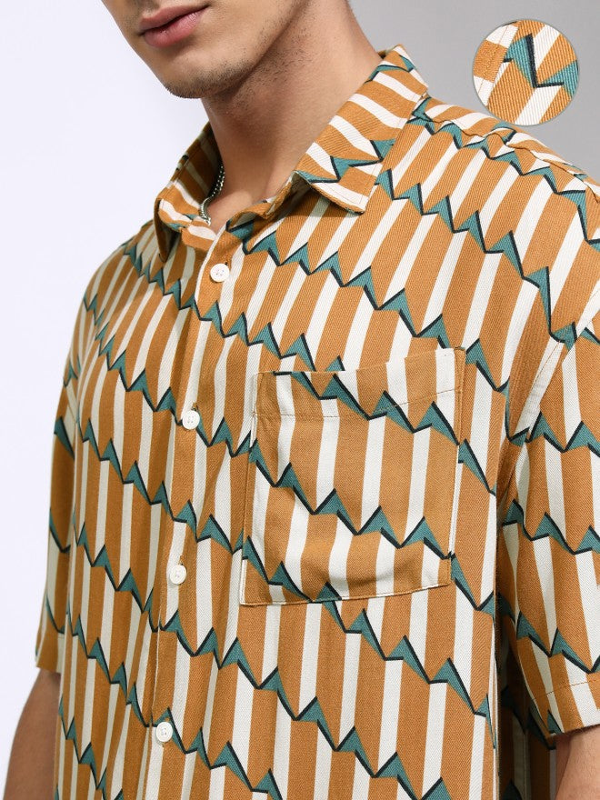 Highlander Men Mustard Printed Oversized Fit Casual Shirt - Mustard - Image 5