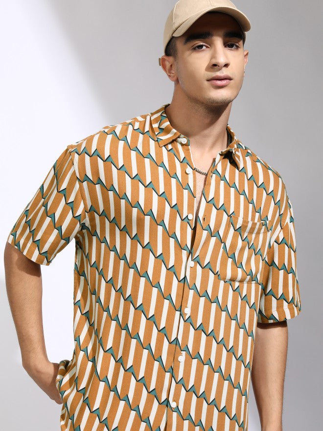 Highlander Men Mustard Printed Oversized Fit Casual Shirt - Mustard - Image 1