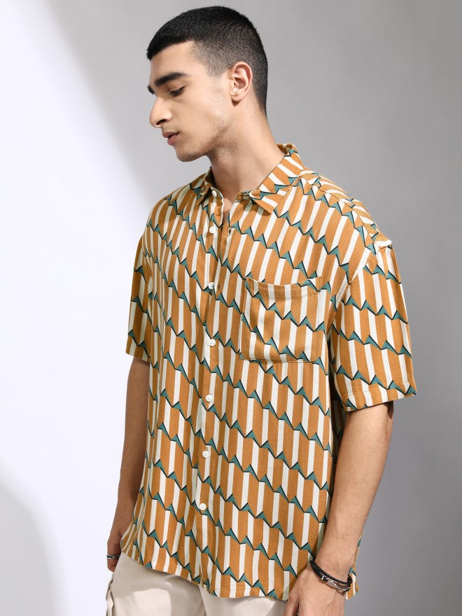 Highlander Men Mustard Printed Oversized Fit Casual Shirt - Mustard - Image 4