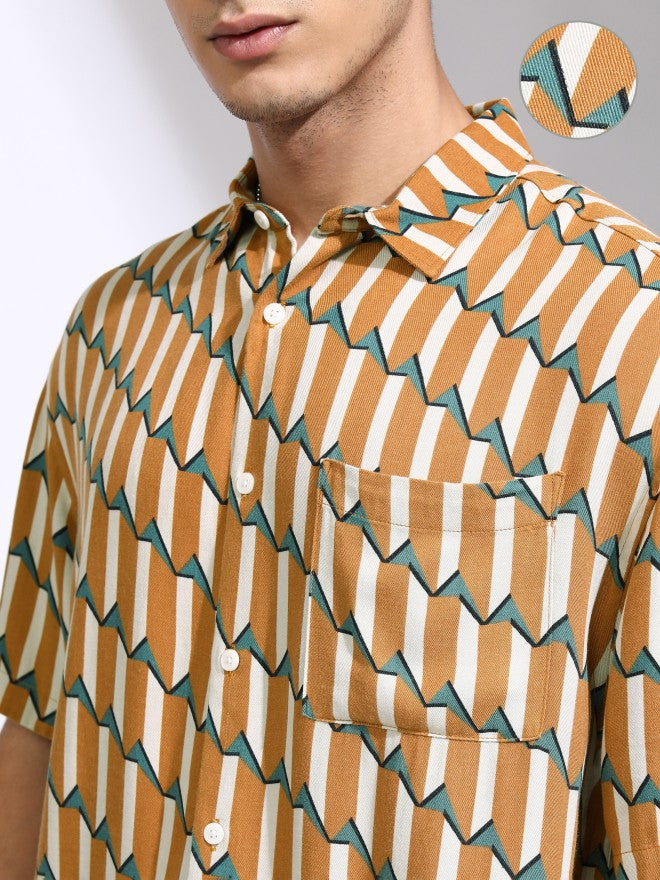 Highlander Men Mustard Printed Oversized Fit Casual Shirt - Mustard - Image 5