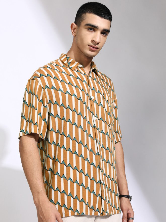Highlander Men Mustard Printed Oversized Fit Casual Shirt - Mustard - Image 6