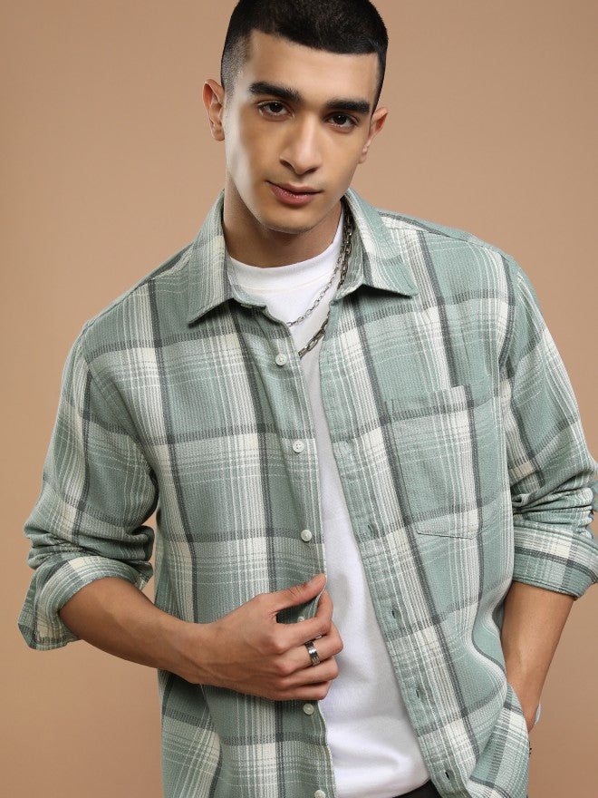 Highlander Men Sea Green Checked Oversized Fit Casual Shirt - Green - Image 1