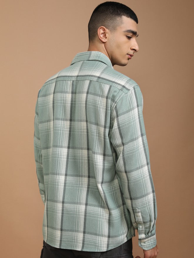 Highlander Men Sea Green Checked Oversized Fit Casual Shirt - Green - Image 3