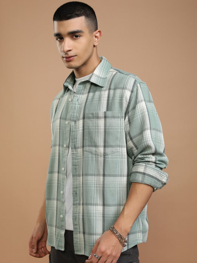 Highlander Men Sea Green Checked Oversized Fit Casual Shirt - Green - Image 4