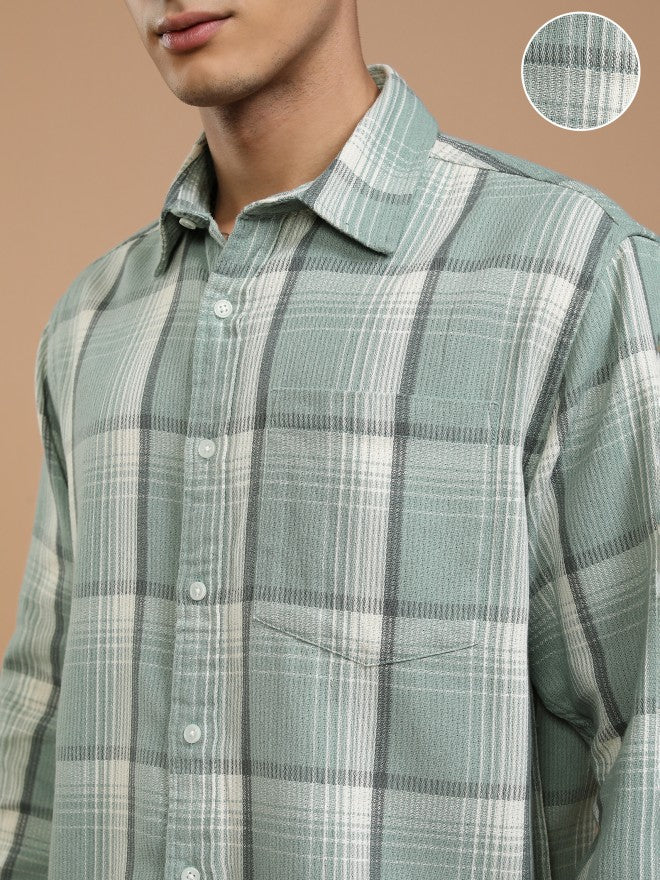 Highlander Men Sea Green Checked Oversized Fit Casual Shirt - Green - Image 5