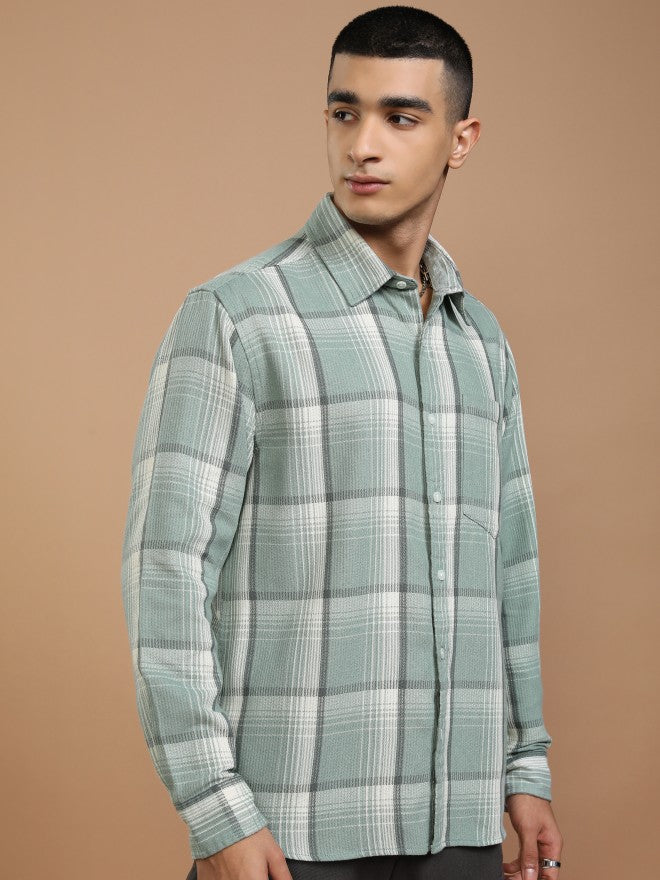 Highlander Men Sea Green Checked Oversized Fit Casual Shirt - Green - Image 6