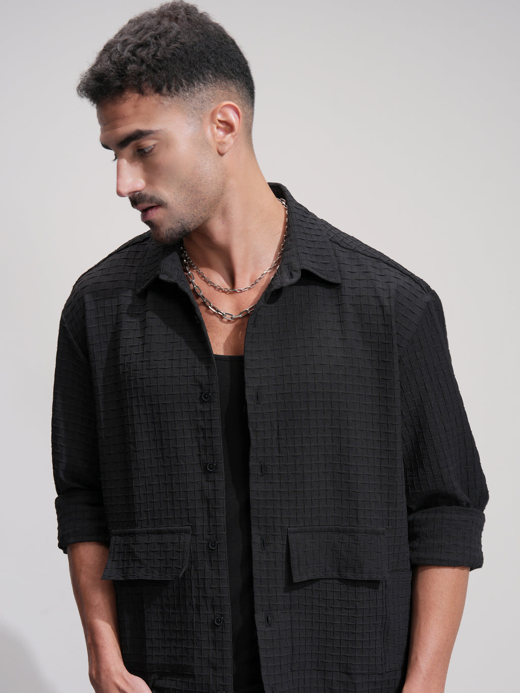 Highlander Men Black Self Design Oversized Fit Casual Shirt - Black - Image 1