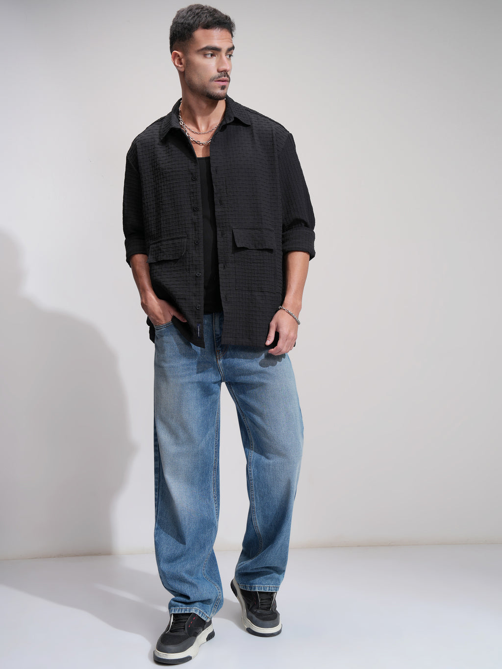 Highlander Men Black Self Design Oversized Fit Casual Shirt - Black - Image 2