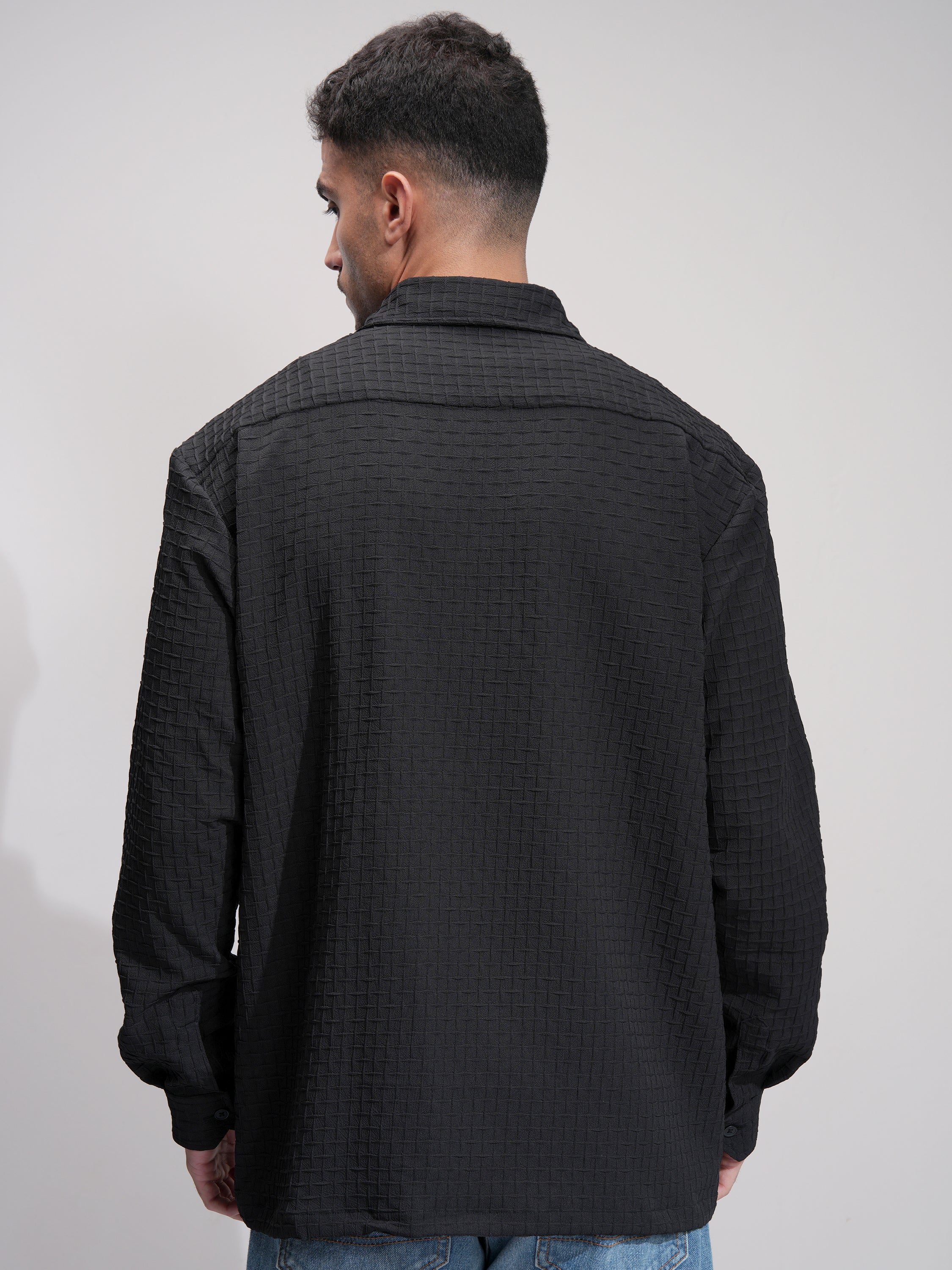 Highlander Men Black Self Design Oversized Fit Casual Shirt - Black - Image 3