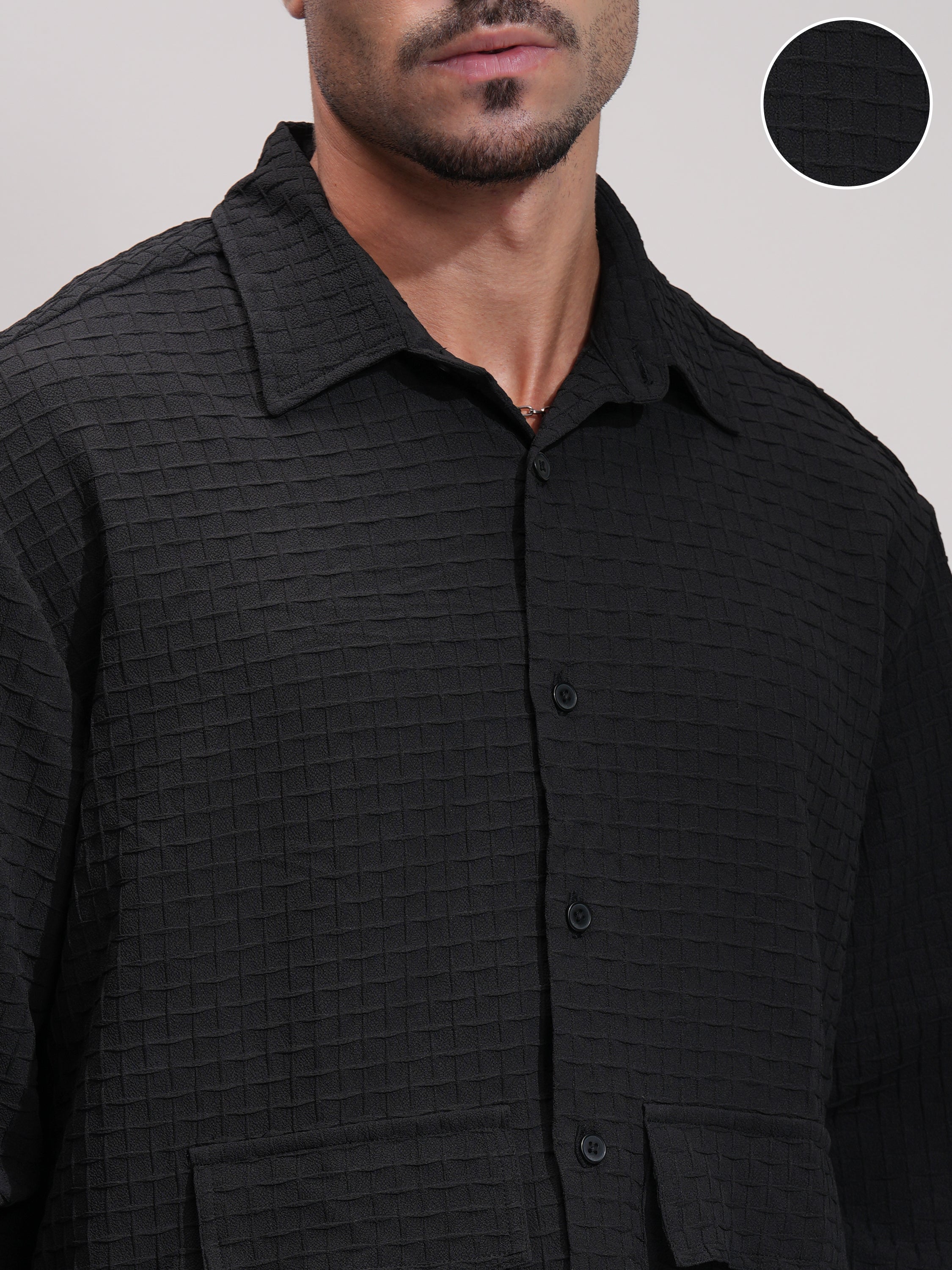 Highlander Men Black Self Design Oversized Fit Casual Shirt - Black - Image 5