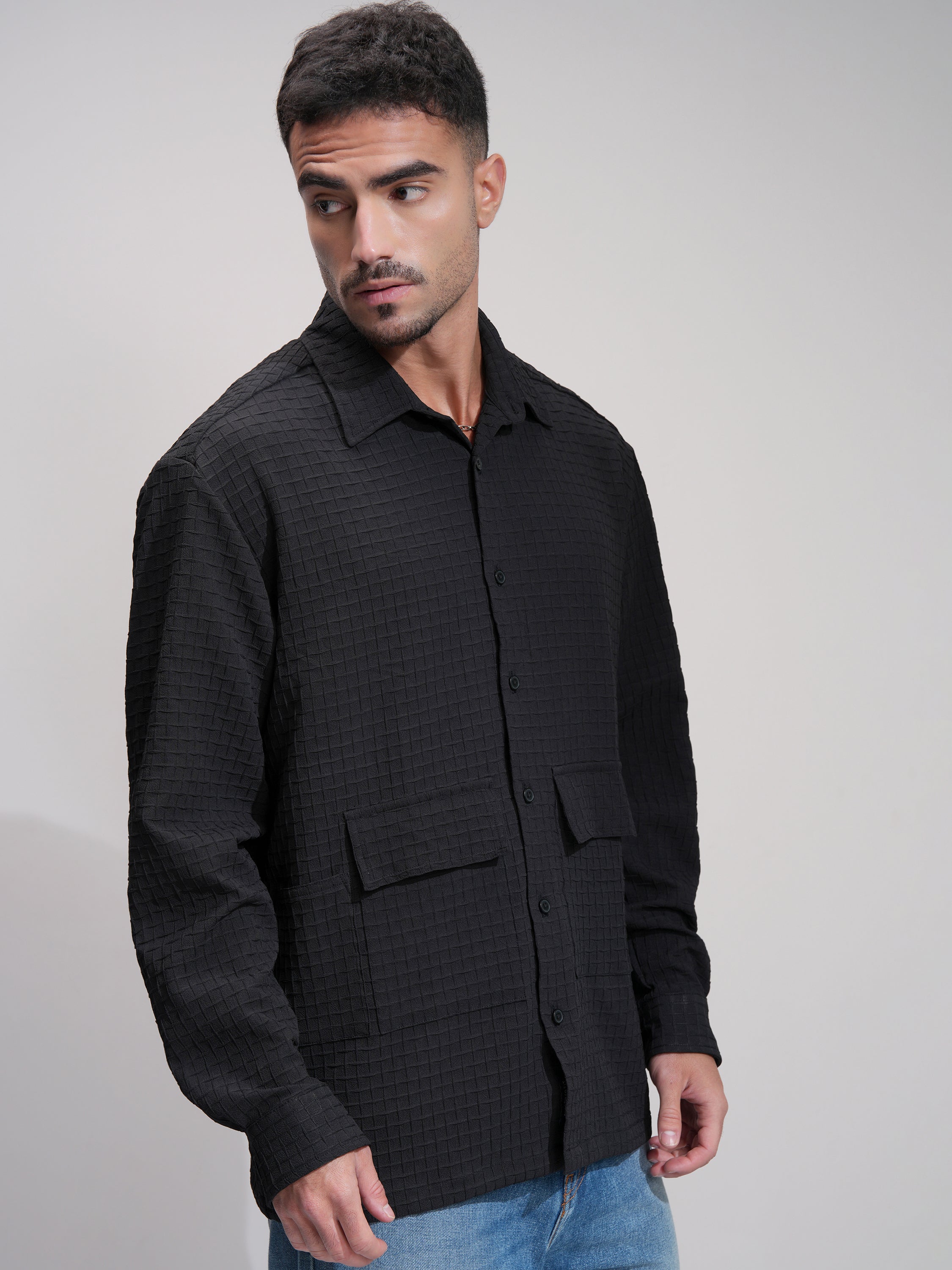 Highlander Men Black Self Design Oversized Fit Casual Shirt - Black - Image 6