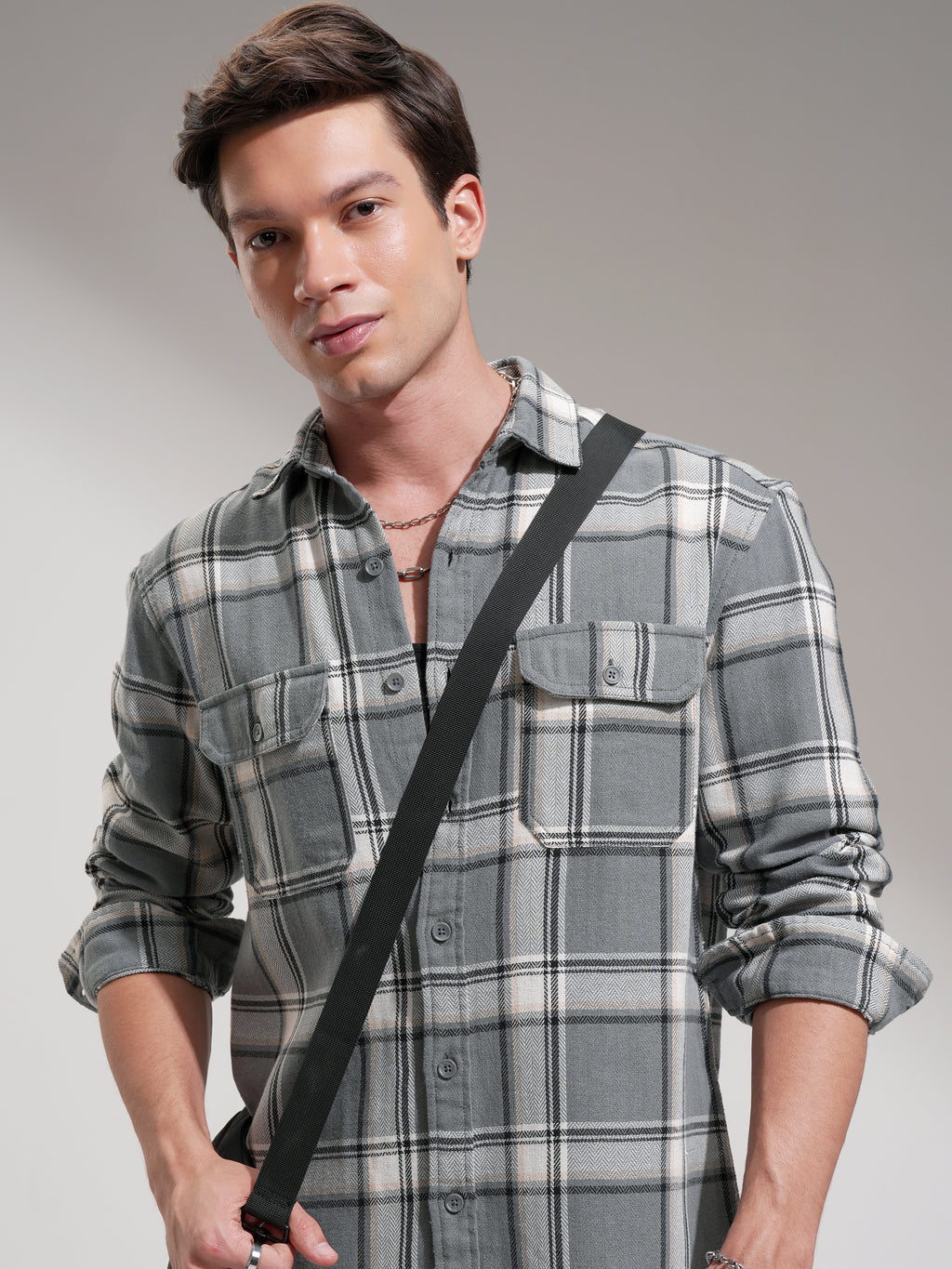 Highlander Men Grey Checked Oversized Fit Casual Shirt - Grey - Image 1