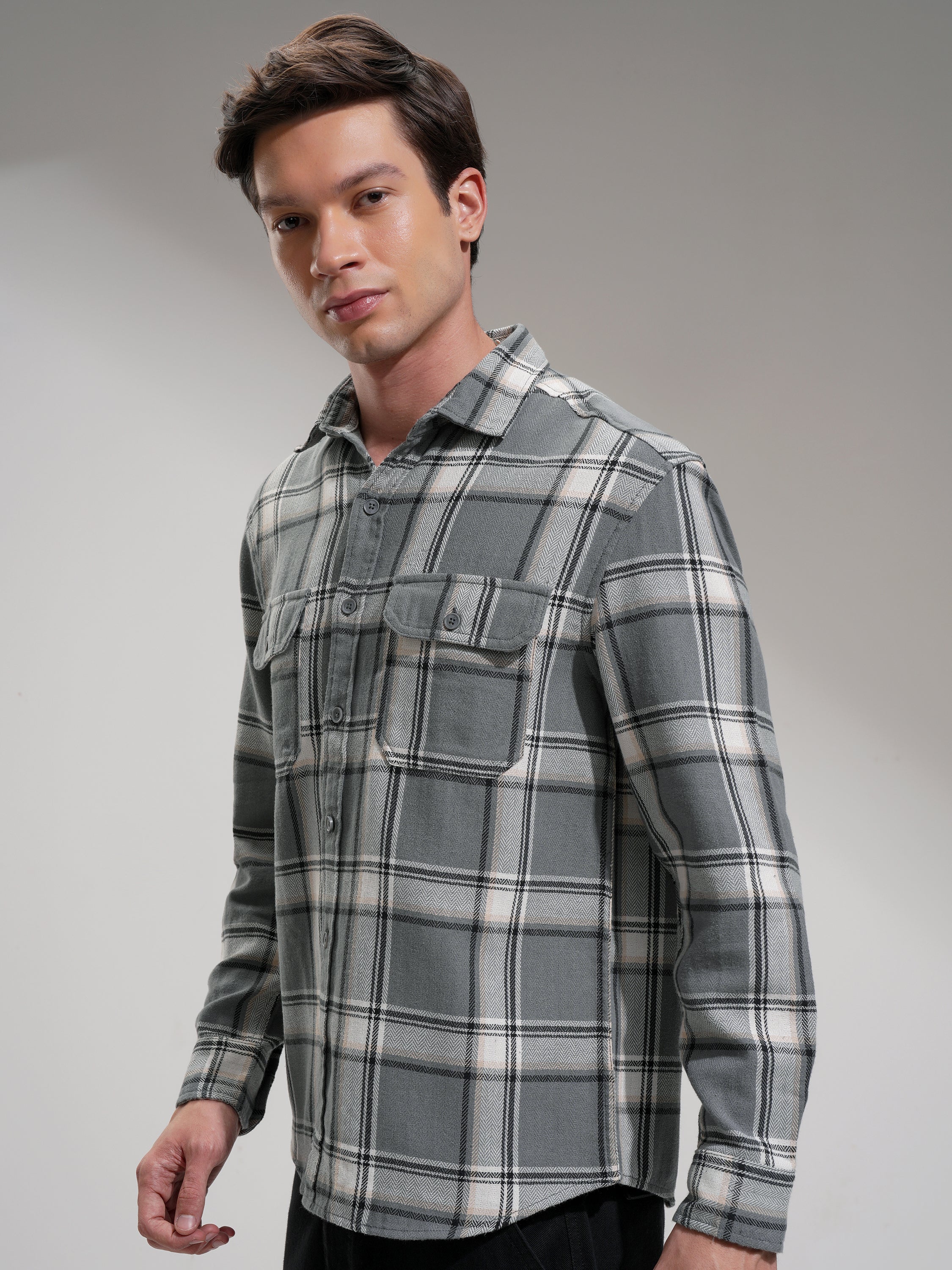 Highlander Men Grey Checked Oversized Fit Casual Shirt - Grey - Image 4