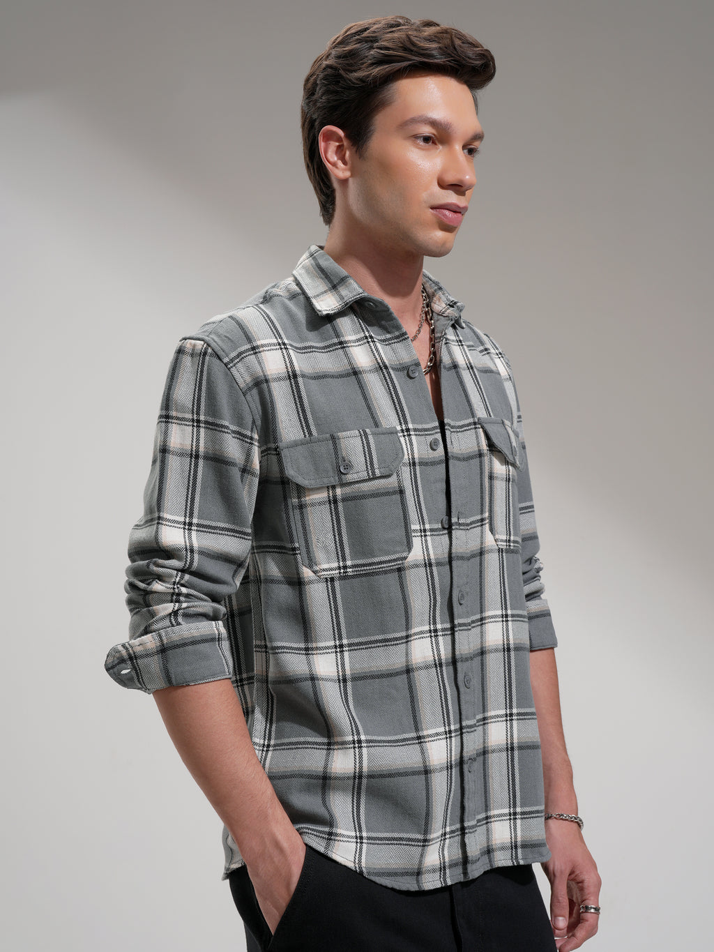 Highlander Men Grey Checked Oversized Fit Casual Shirt - Grey - Image 6