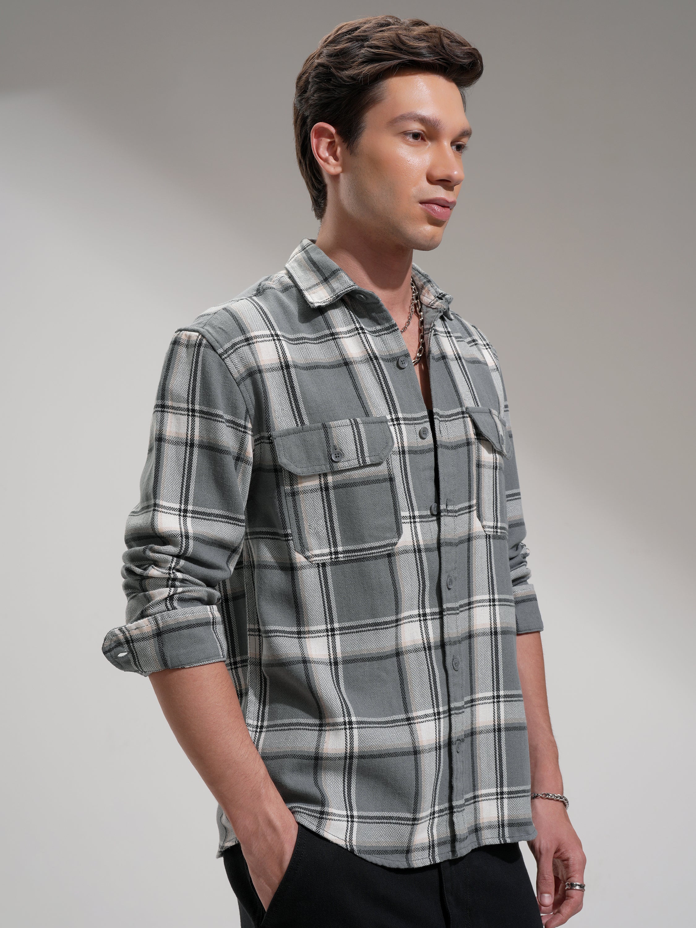 Highlander Men Grey Checked Oversized Fit Casual Shirt - Grey - Image 6
