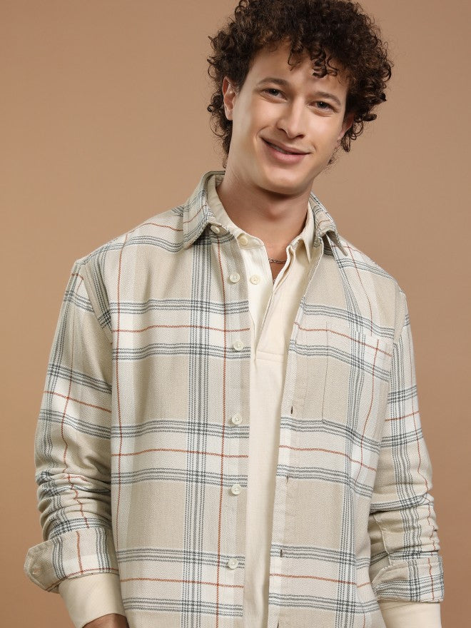 Highlander Men Off White Checked Relaxed Fit Casual Shirt - Off White - Image 1