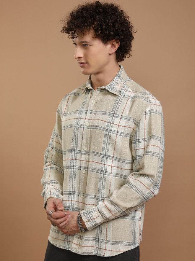 Highlander Men Off White Checked Relaxed Fit Casual Shirt - Off White - Image 4