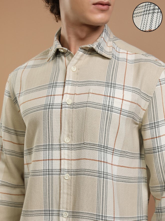 Highlander Men Off White Checked Relaxed Fit Casual Shirt - Off White - Image 5
