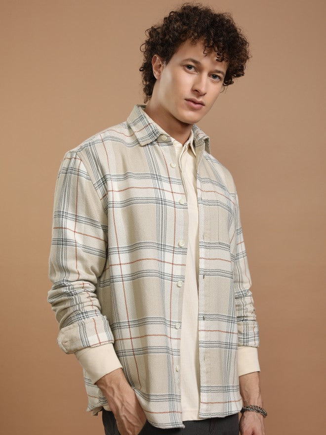 Highlander Men Off White Checked Relaxed Fit Casual Shirt - Off White - Image 6