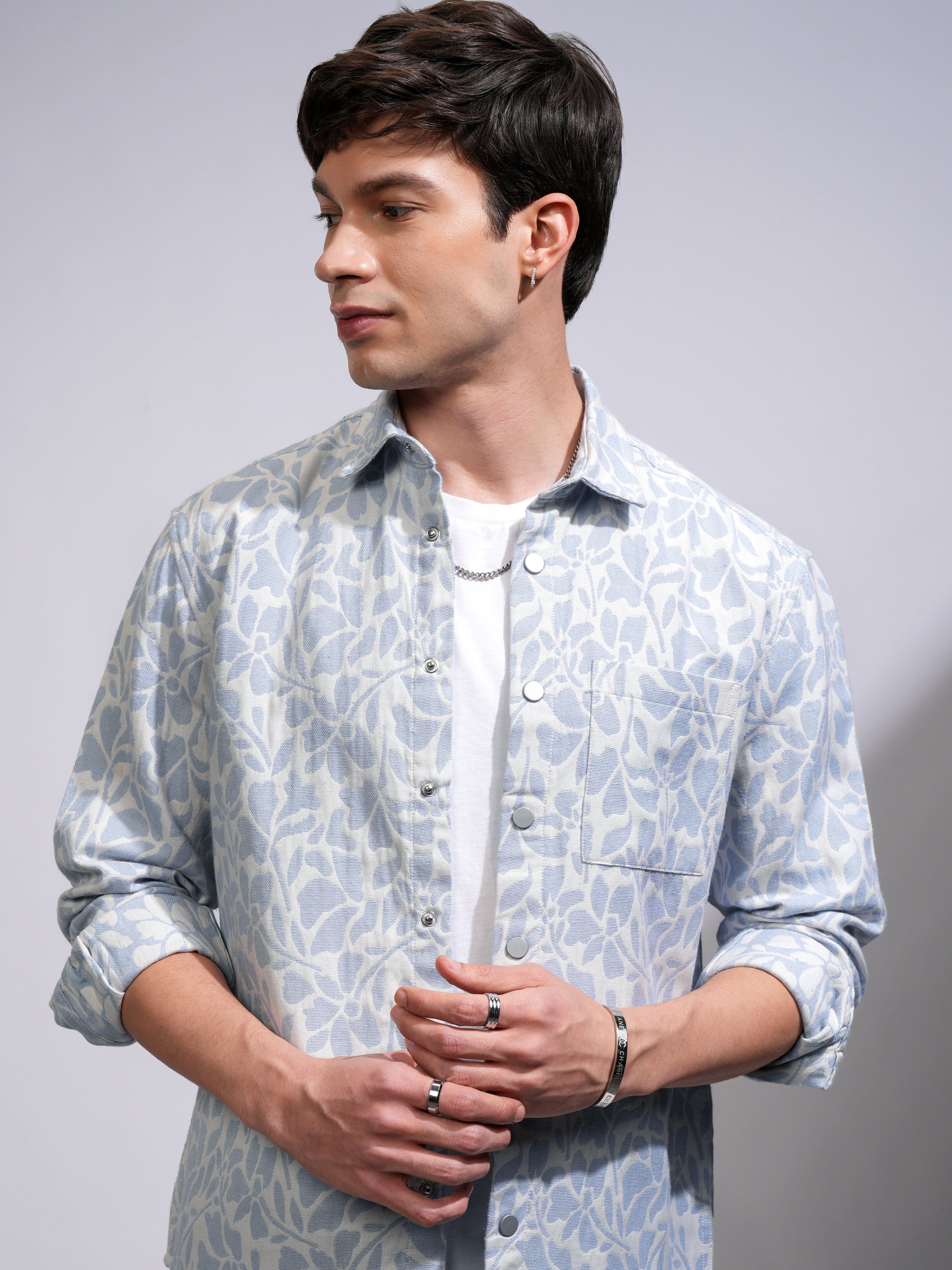 Highlander Men White Textured Oversized Casual Shirt - White - Image 1