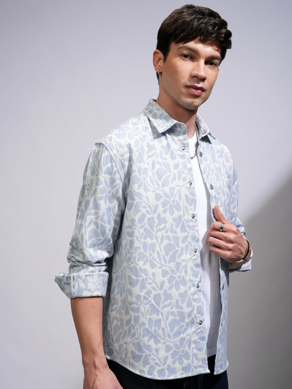 Highlander Men White Textured Oversized Casual Shirt - White - Image 6