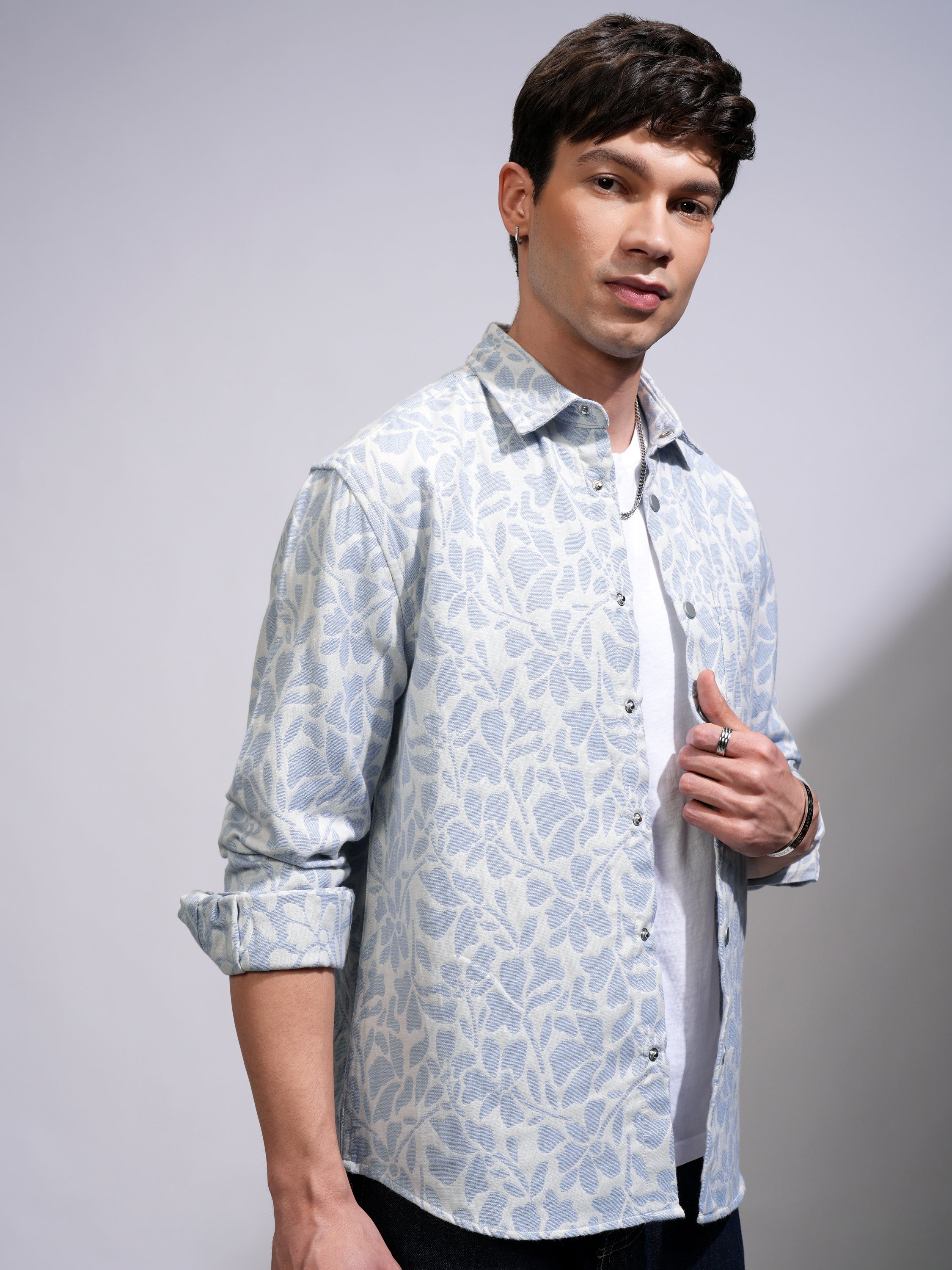 Highlander Men White Textured Oversized Casual Shirt - White - Image 6