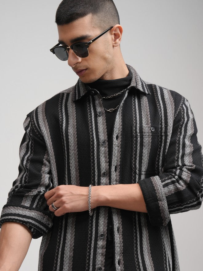 Highlander Men Black Striped Relaxed Fit Casual Shirt - Black - Image 1