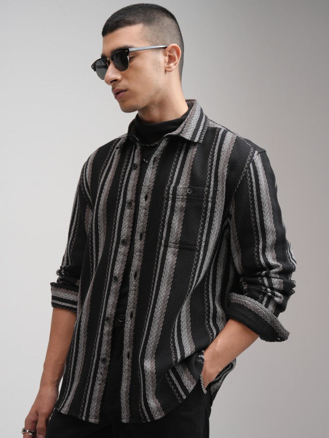 Highlander Men Black Striped Relaxed Fit Casual Shirt - Black - Image 4