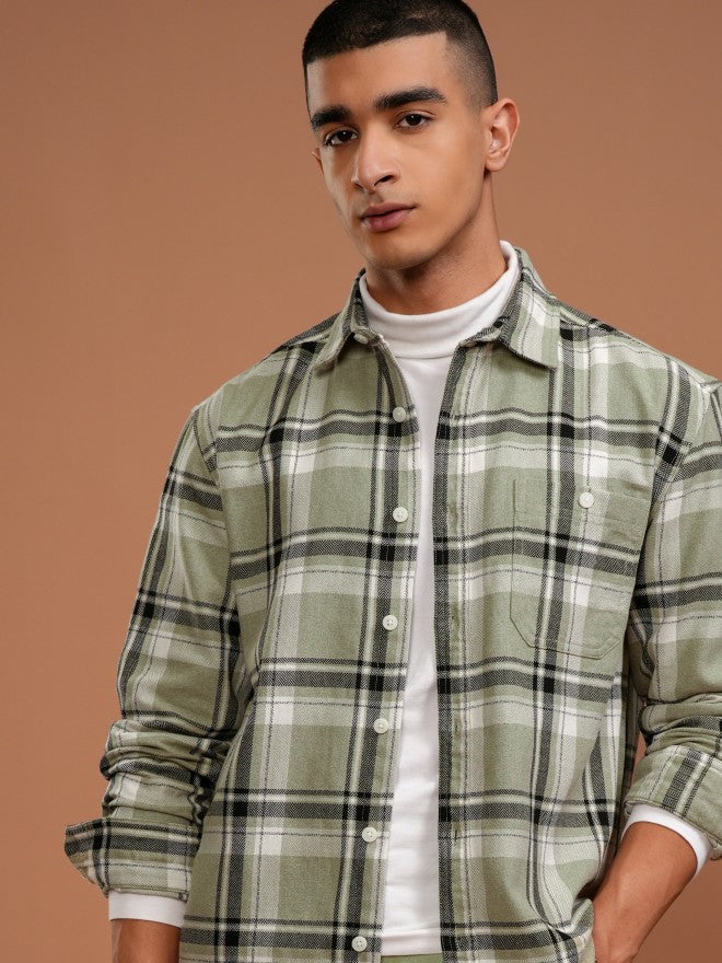 Highlander Men Olive Checked Relaxed Fit Casual Shirt - Olive - Image 1