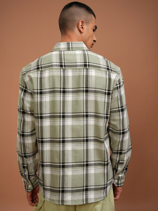 Highlander Men Olive Checked Relaxed Fit Casual Shirt - Olive - Image 3