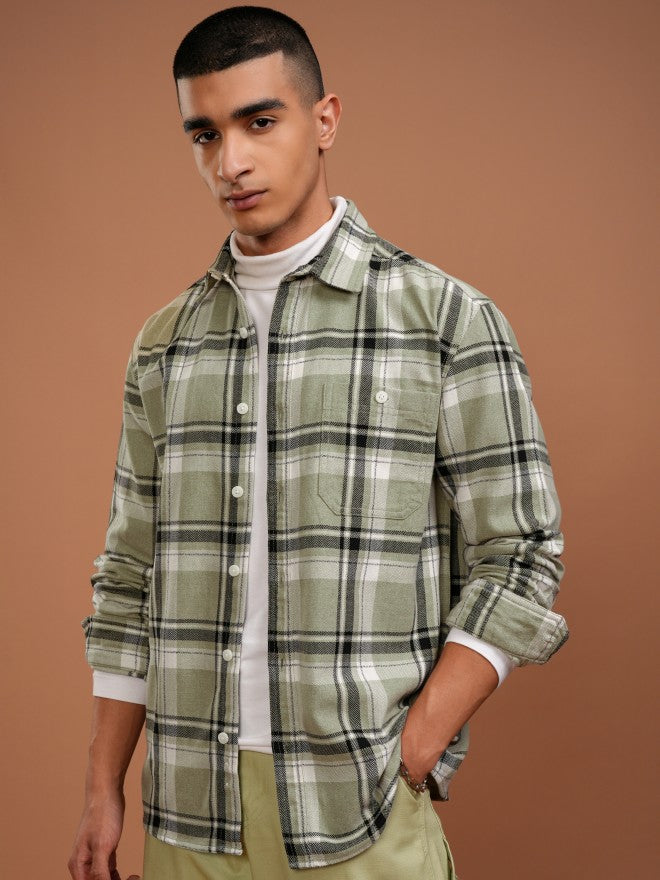 Highlander Men Olive Checked Relaxed Fit Casual Shirt - Olive - Image 4