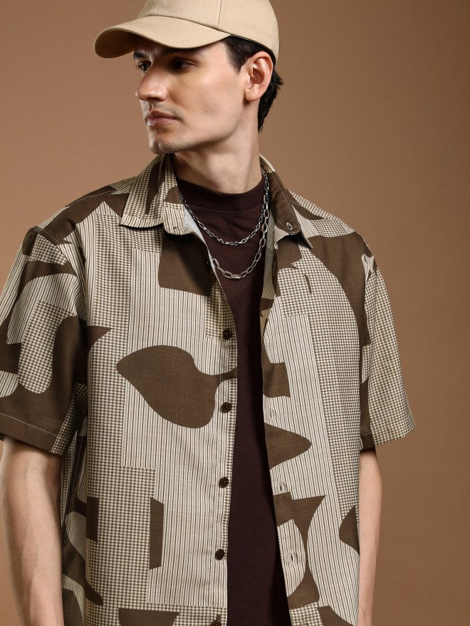 Highlander Men Mustard Printed Oversized Fit Casual Shirt - Mustard - Image 1