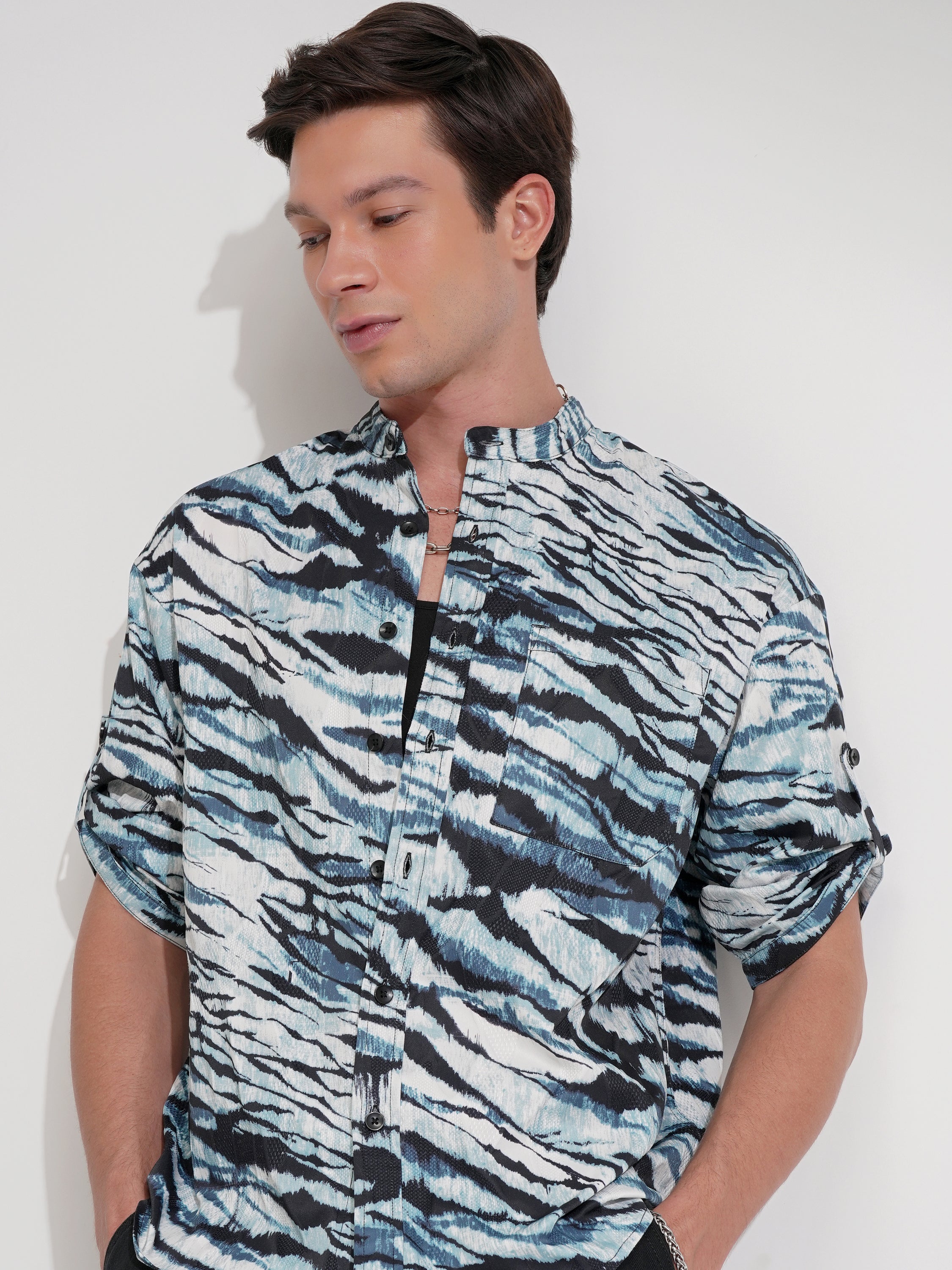 Highlander Men Blue Printed Oversized Fit Casual Shirt - Blue - Image 1