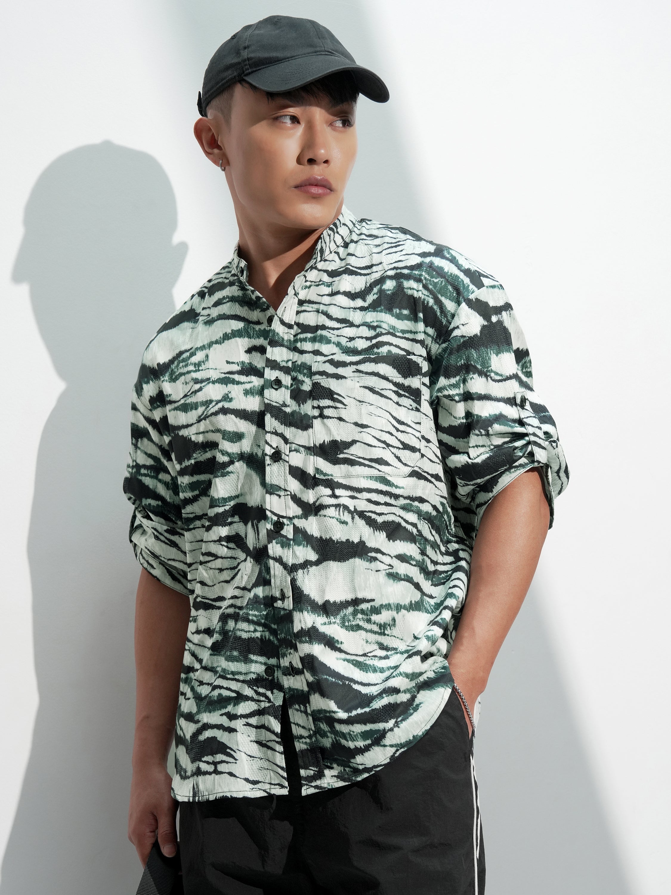 Highlander Men Olive Printed Oversized Fit Casual Shirt - Olive - Image 1