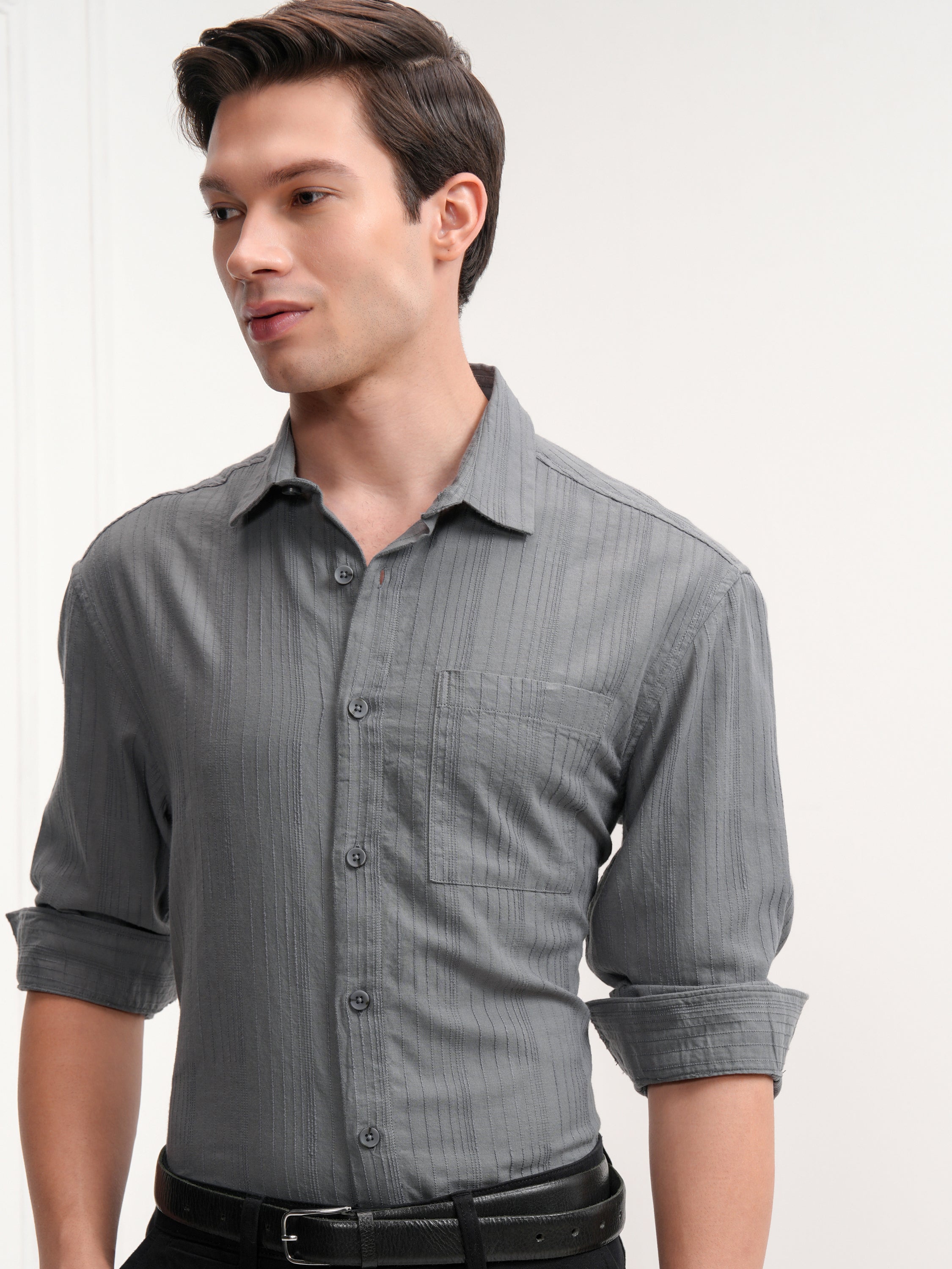 Highlander Men Grey Striped Slim Fit Casual Shirt - Grey - Image 1