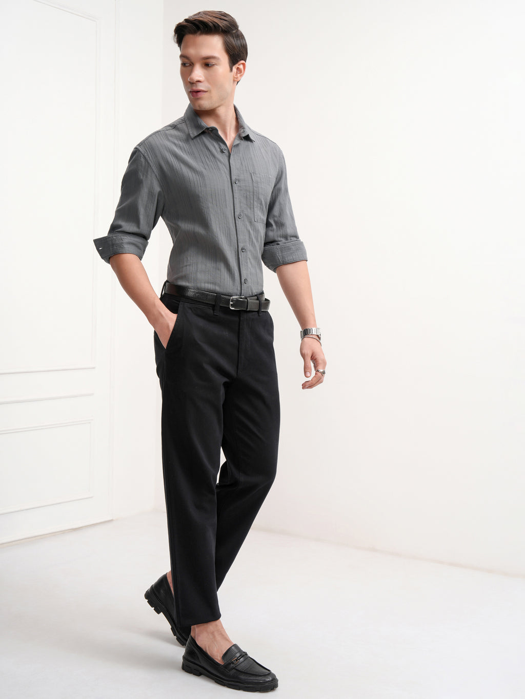 Highlander Men Grey Striped Slim Fit Casual Shirt - Grey - Image 2