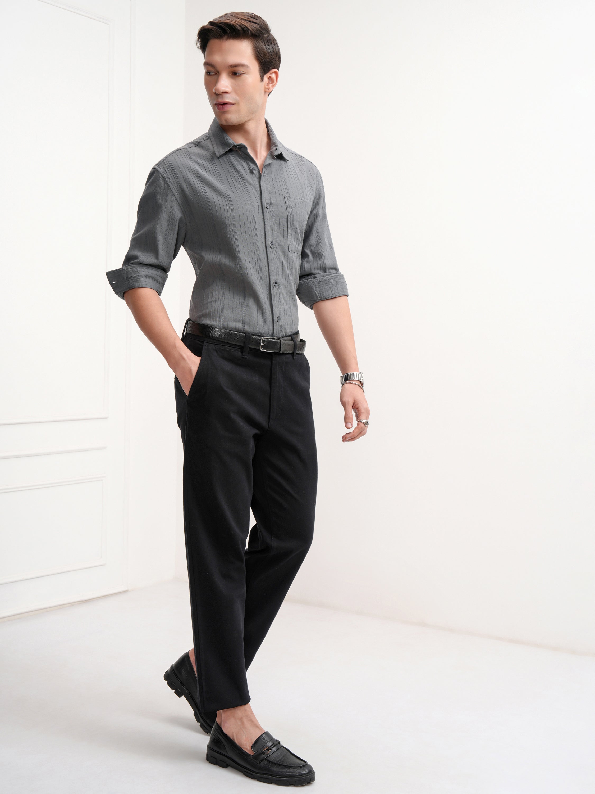 Highlander Men Grey Striped Slim Fit Casual Shirt - Grey - Image 2