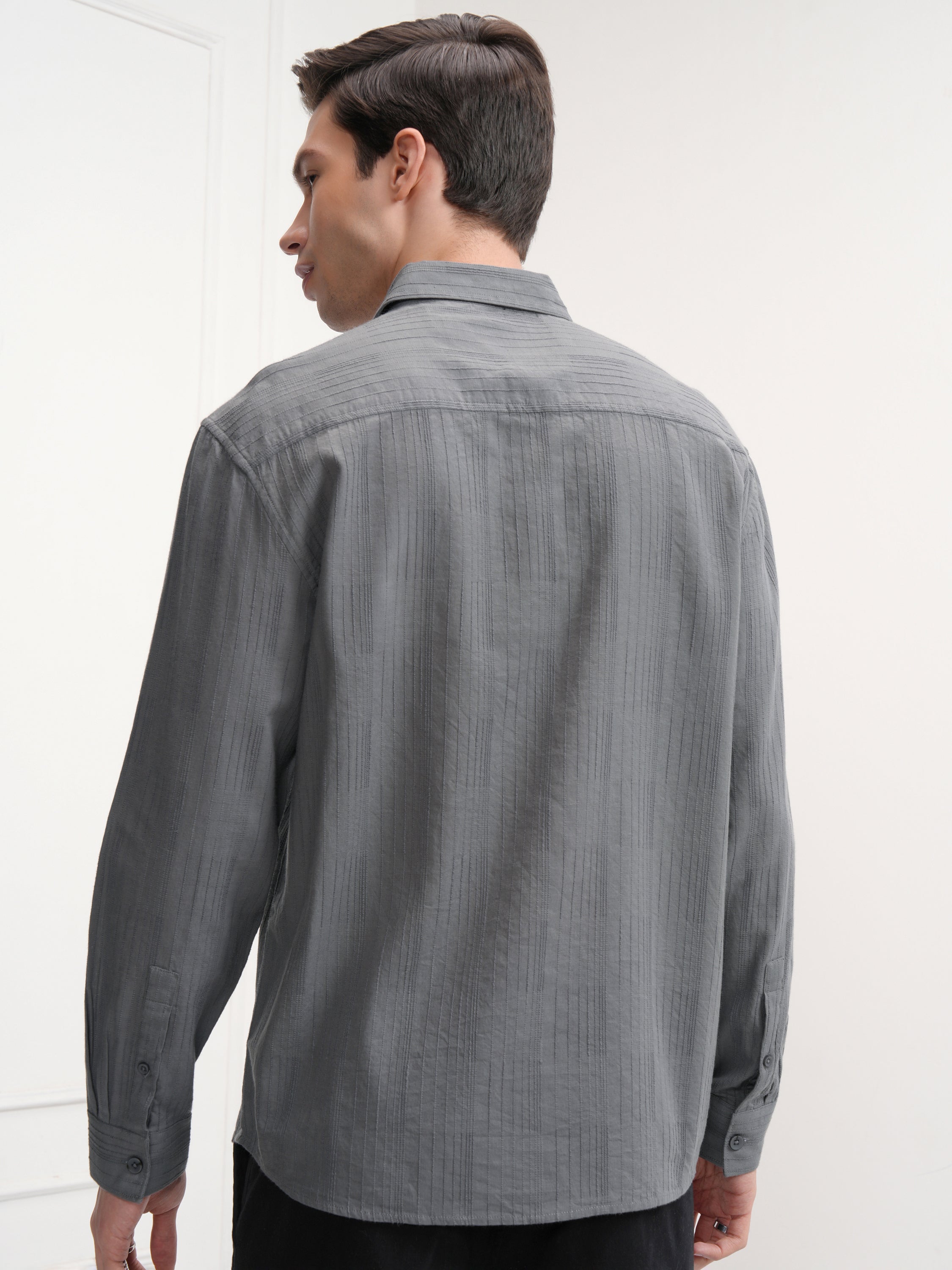 Highlander Men Grey Striped Slim Fit Casual Shirt - Grey - Image 3