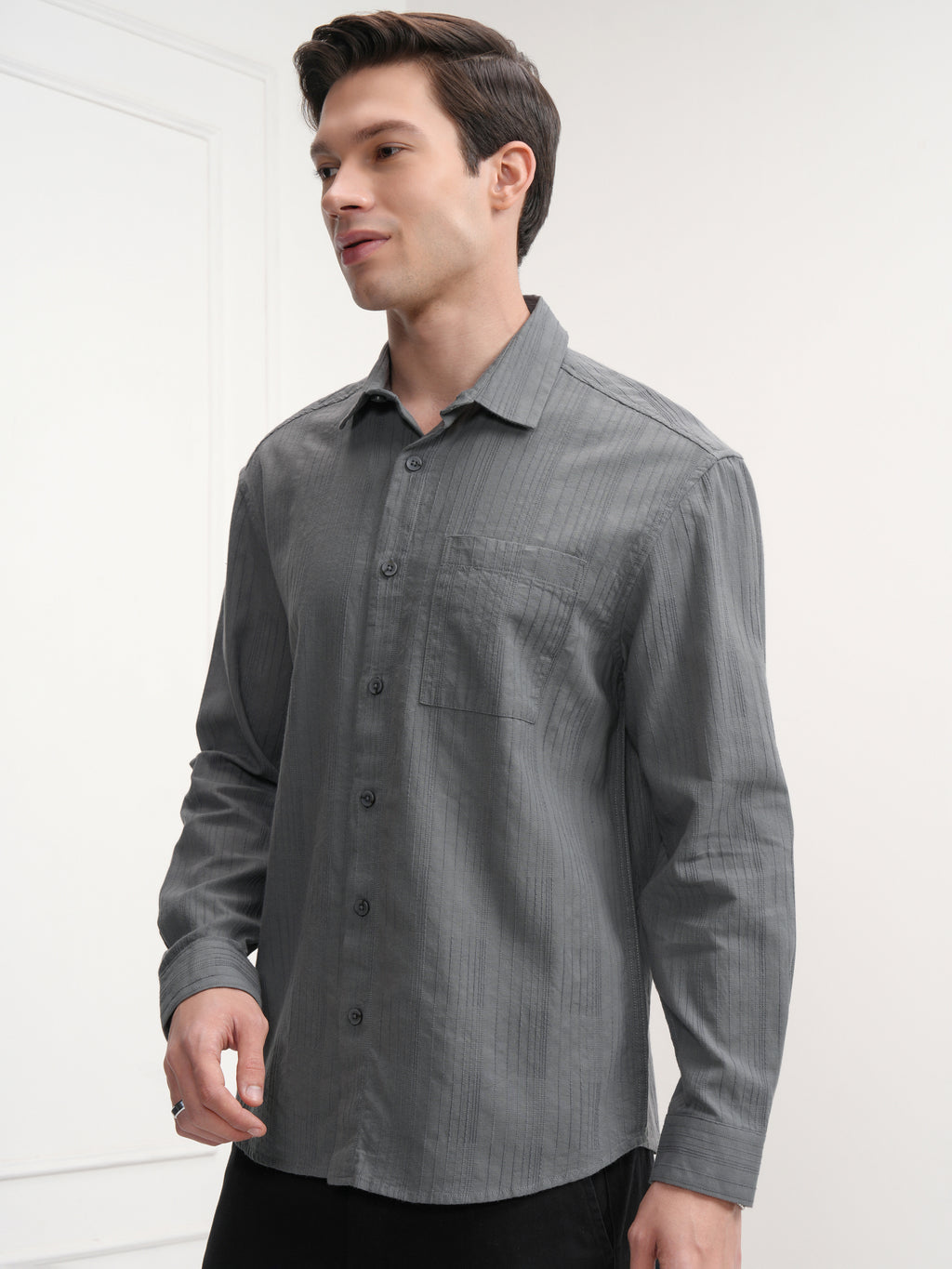 Highlander Men Grey Striped Slim Fit Casual Shirt - Grey - Image 4