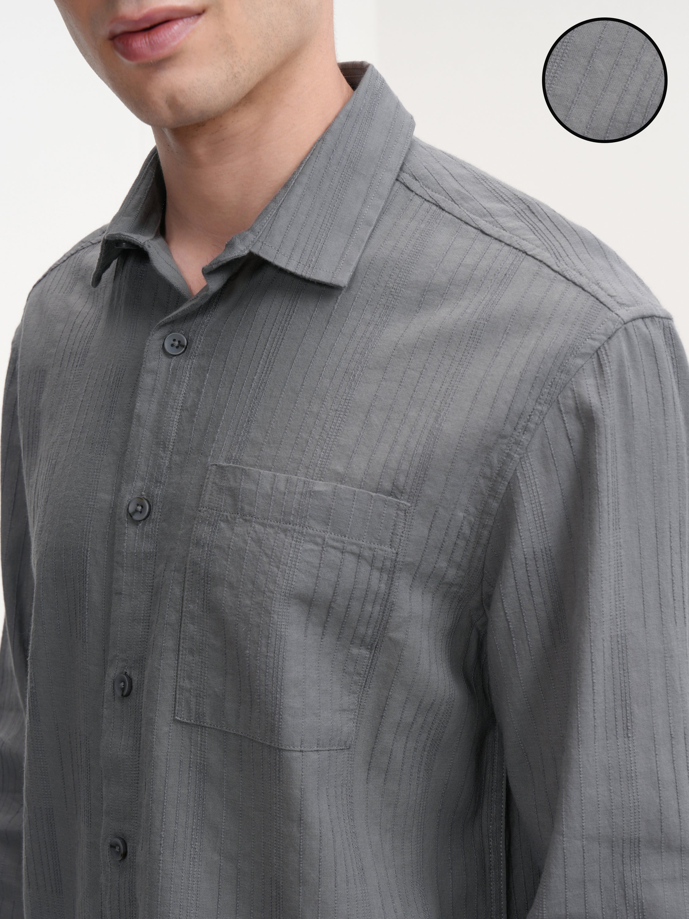 Highlander Men Grey Striped Slim Fit Casual Shirt - Grey - Image 5
