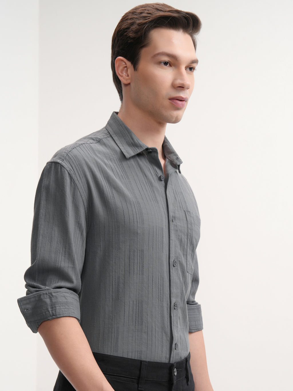 Highlander Men Grey Striped Slim Fit Casual Shirt - Grey - Image 6