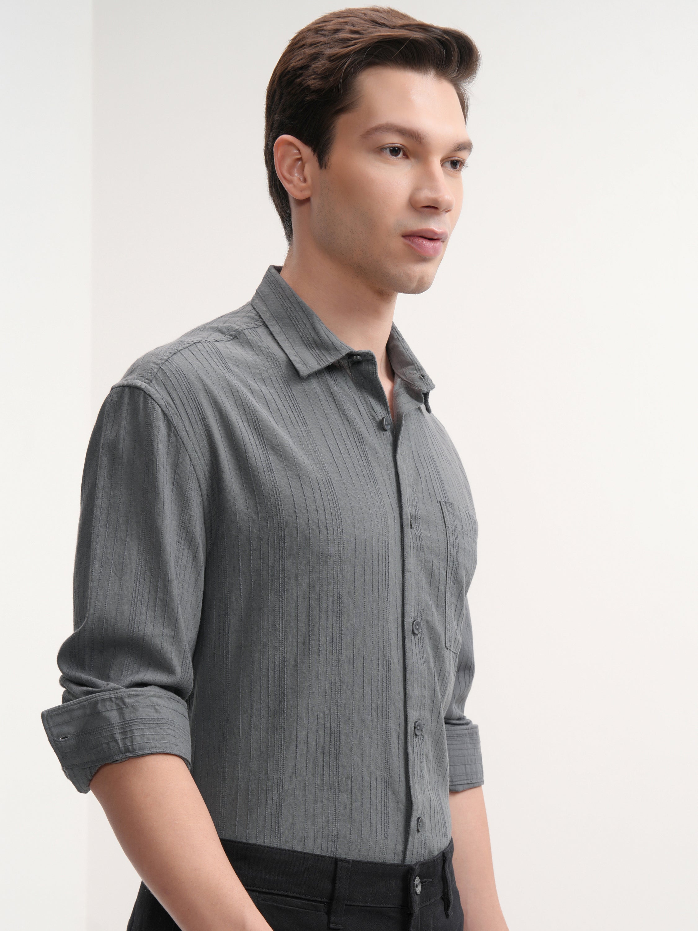 Highlander Men Grey Striped Slim Fit Casual Shirt - Grey - Image 6