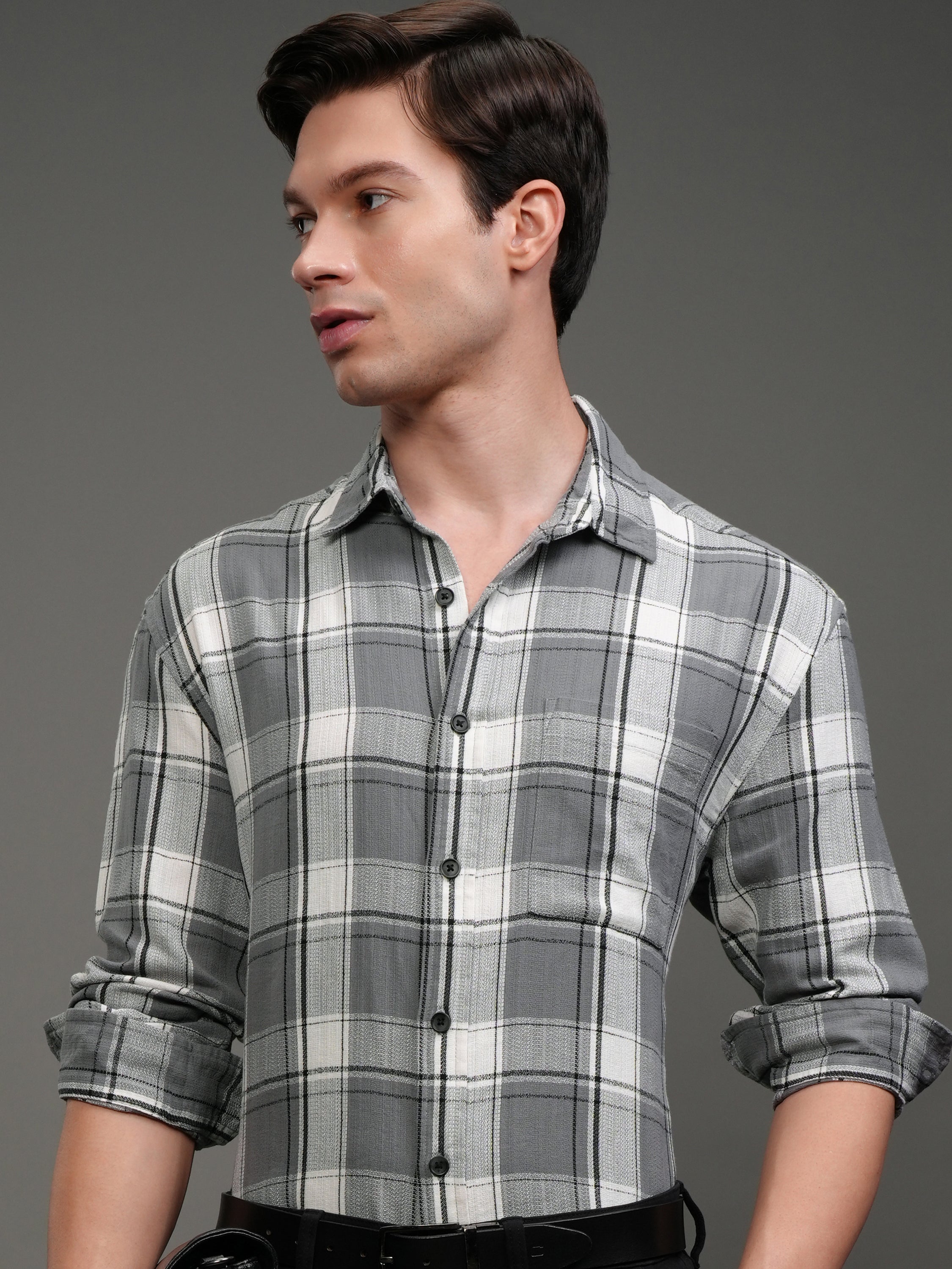 Highlander Men Off White Checked Slim Fit Casual Shirt - Off White - Image 1