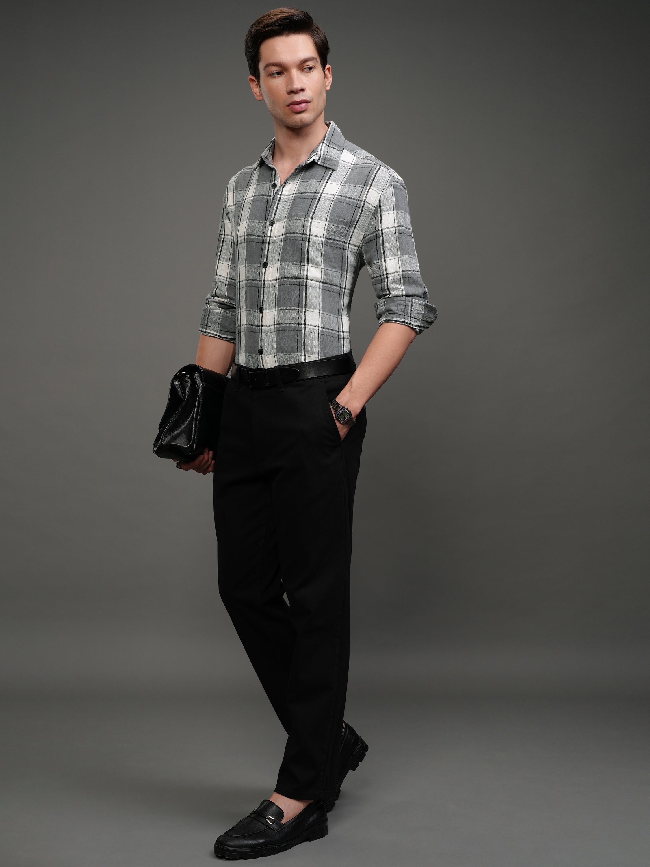 Highlander Men Off White Checked Slim Fit Casual Shirt - Off White - Image 2