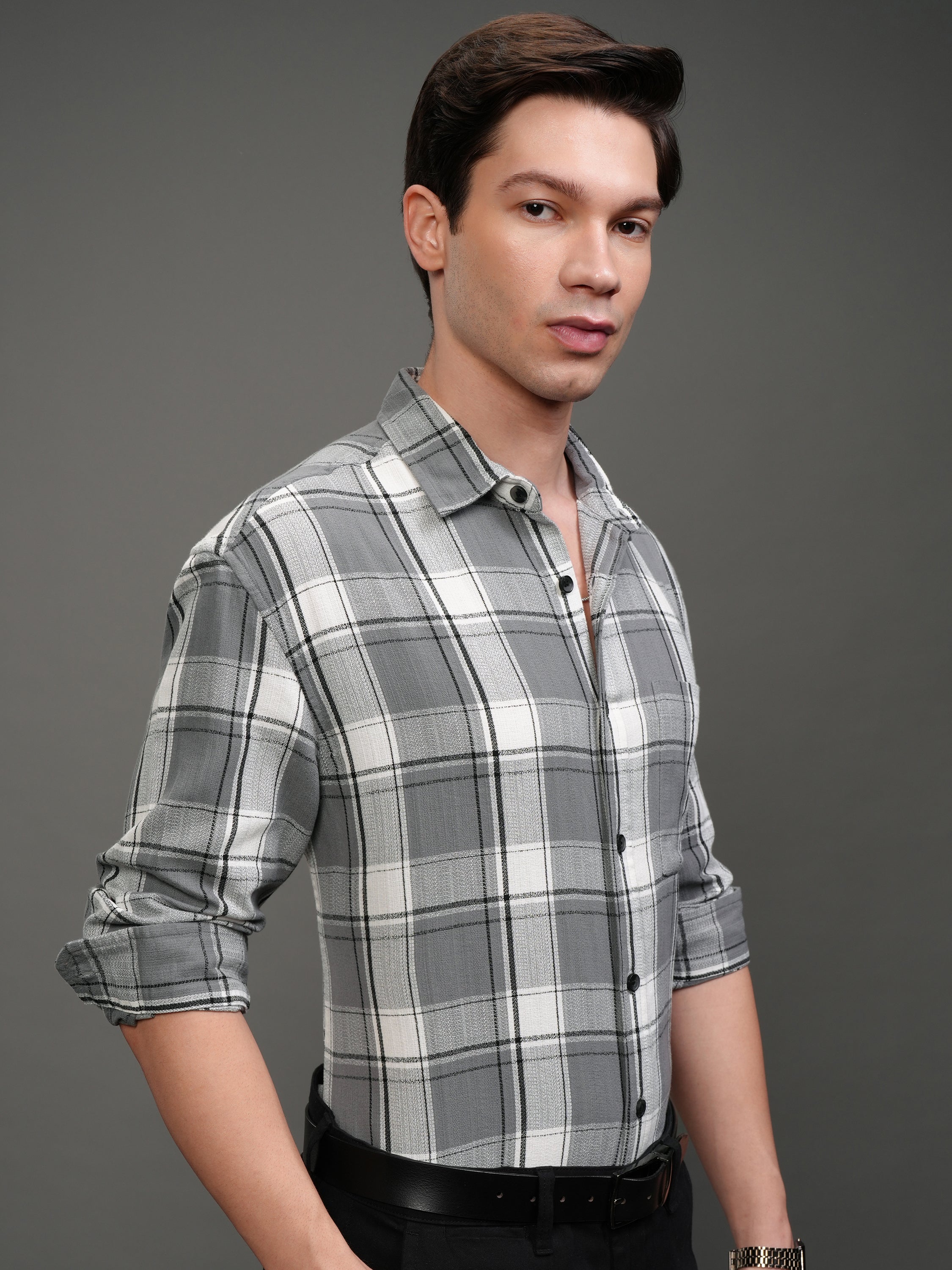 Highlander Men Off White Checked Slim Fit Casual Shirt - Off White - Image 6