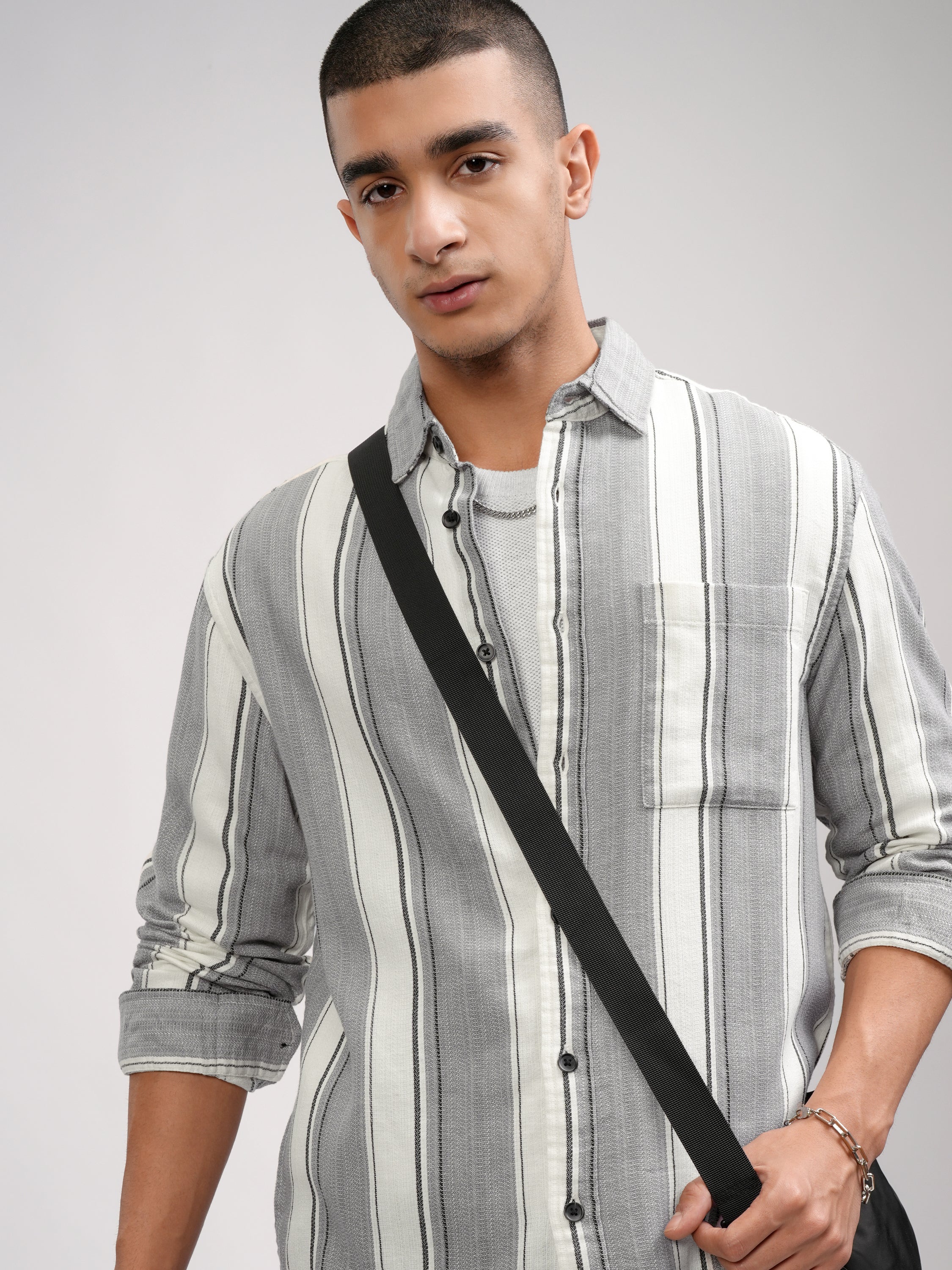 Highlander Men Off White Striped Oversized Fit Casual Shirt - Off White - Image 1
