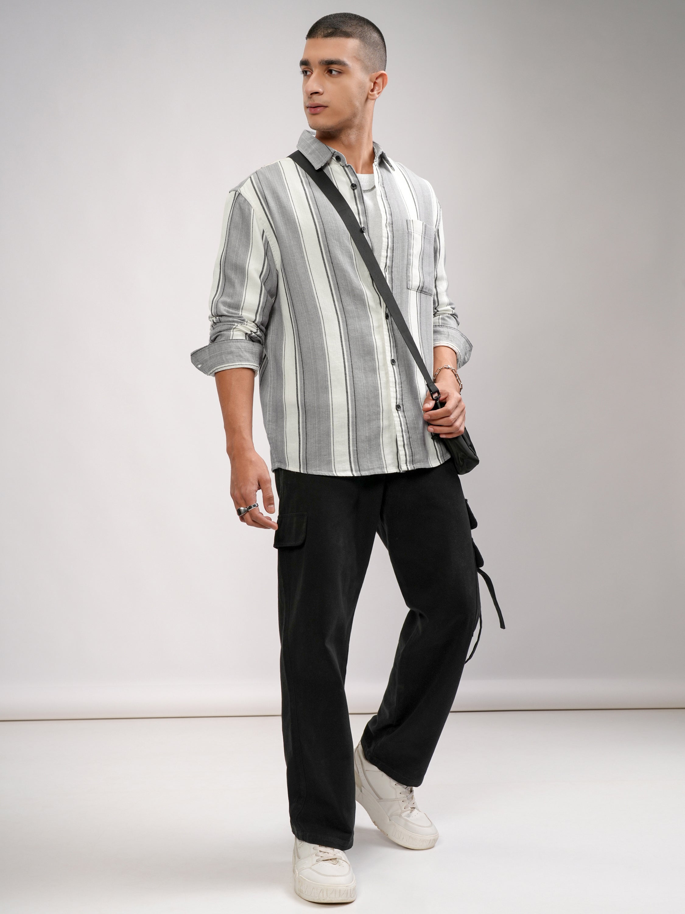 Highlander Men Off White Striped Oversized Fit Casual Shirt - Off White - Image 2
