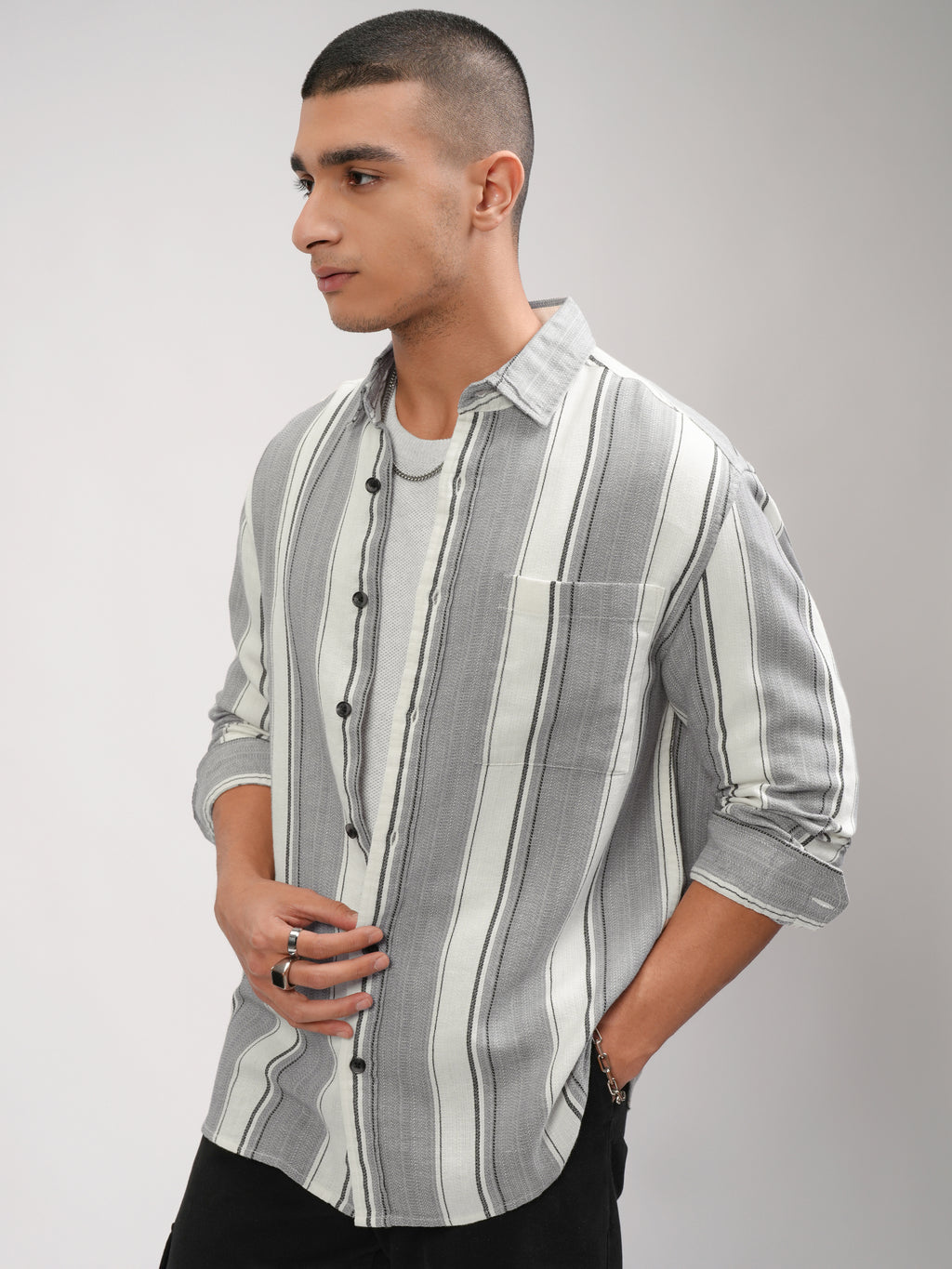 Highlander Men Off White Striped Oversized Fit Casual Shirt - Off White - Image 4