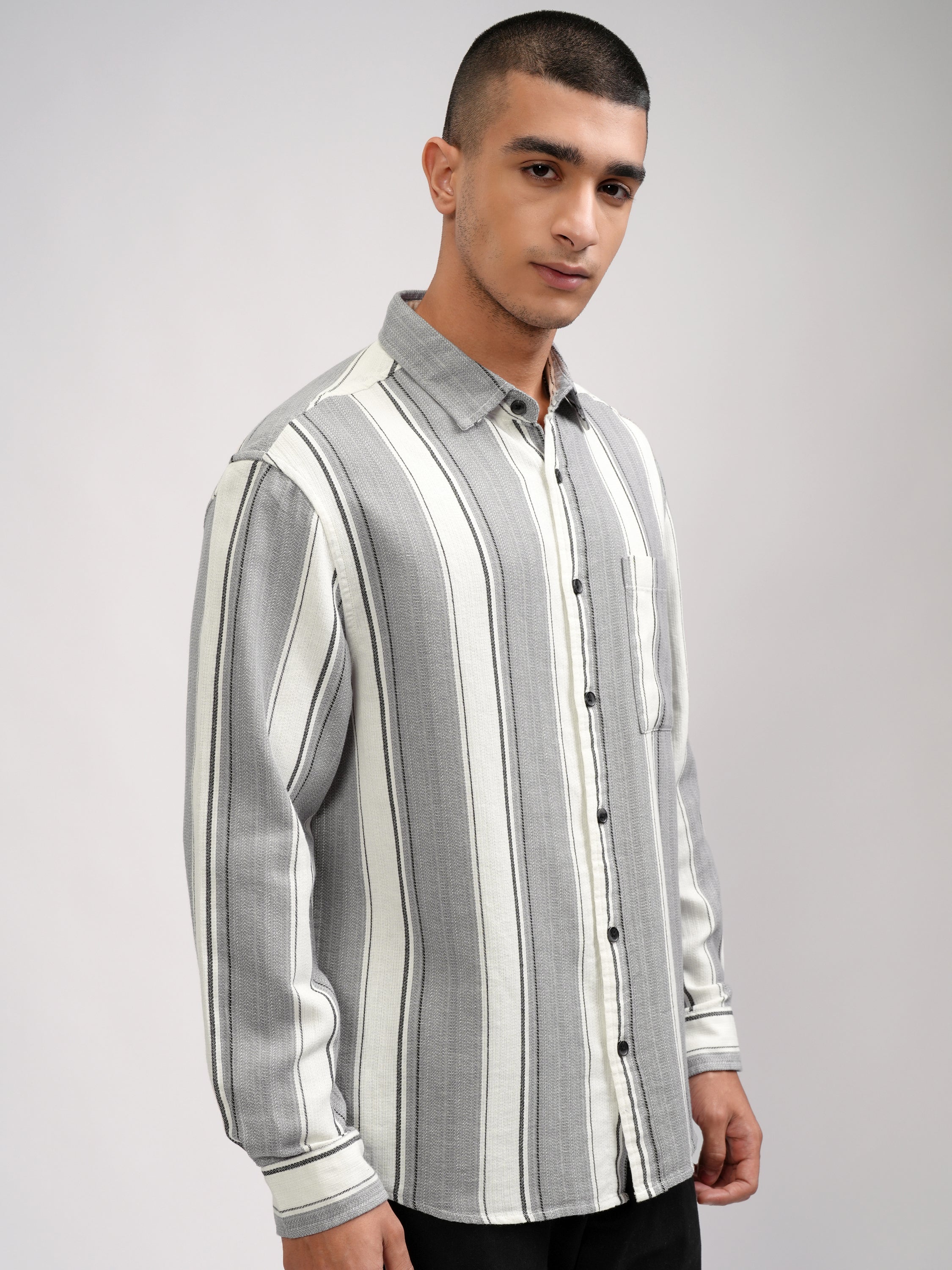 Highlander Men Off White Striped Oversized Fit Casual Shirt - Off White - Image 6